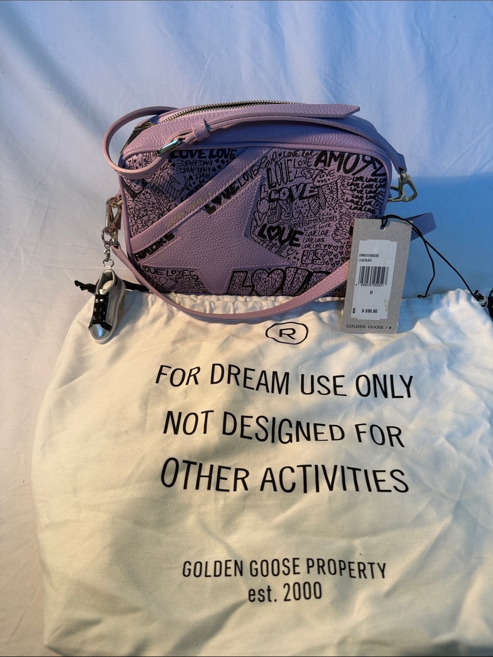 Golden Goose-Lilac "LOVE" Print Pebbled Leather Crossbody Bag